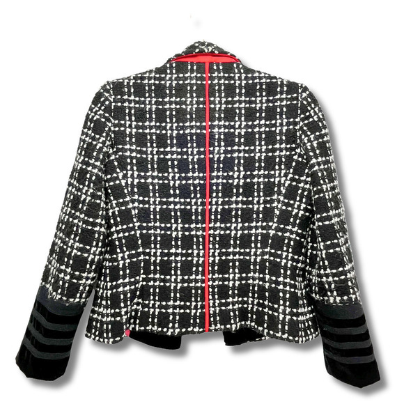 Algo Switzerland Wool Blazer in Black and White Red Accents Velvet Trim  XS - Picture 3 of 15